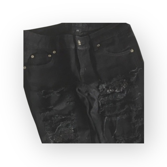 LF Carmar ❉ Skinny Shredded Rips Stretch Jeans ❉ Lace Patches ❉ Jet Black ❉ 25 ❉ - Picture 9 of 16